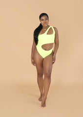 Jennifer neon green cut-out monokini with one shoulder with cheeky bottom - Style Kurator