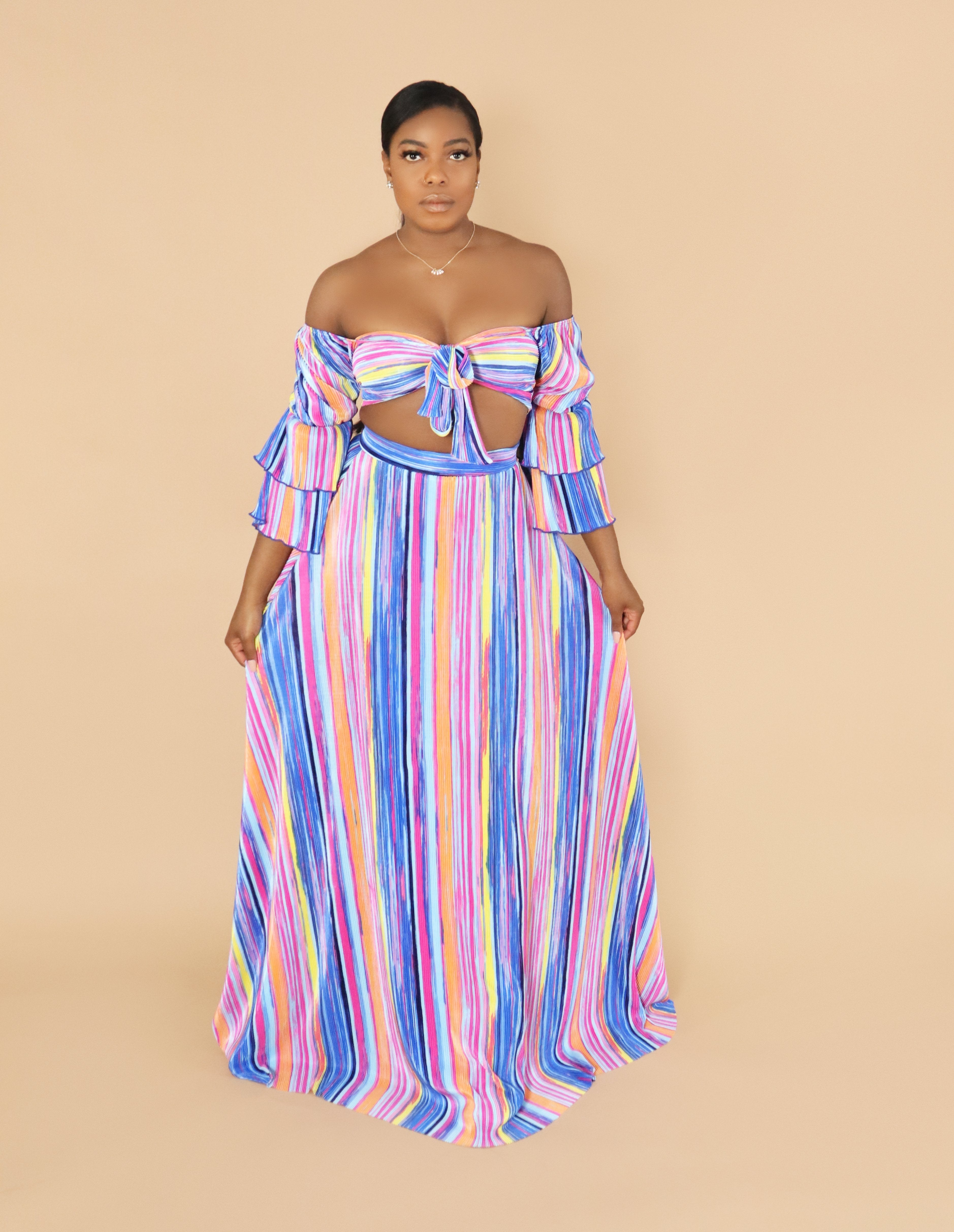Laya flowy multicolor striped coord skirt set - Style Kurator